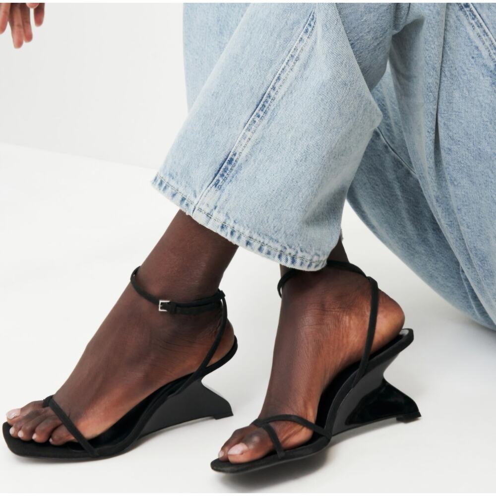 Reformation Emilia Wedge Sandal Leather Suede Womens 6.5 Black Square Toe